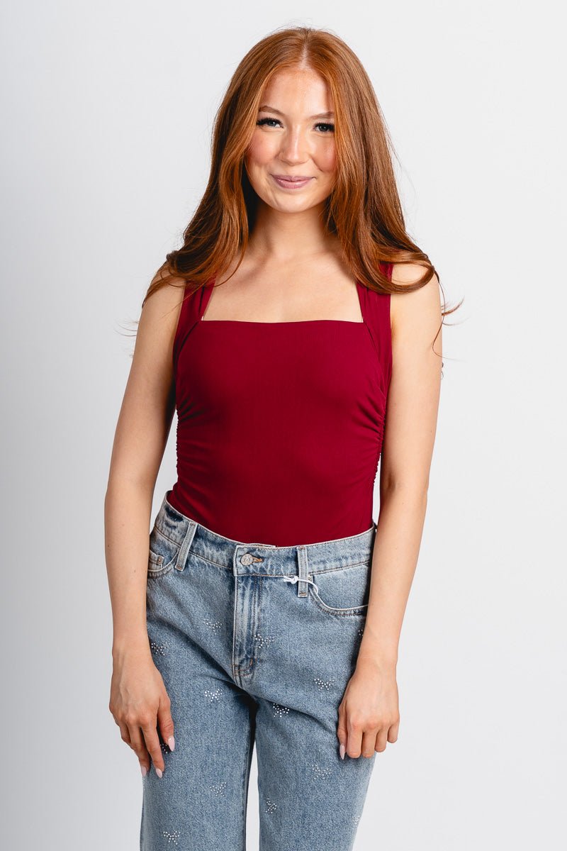 Side shirring bodysuit ruby - Trendy Holiday Apparel at Lush Fashion Lounge Boutique in Oklahoma City