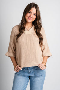 Notch neck sweater taupe – Boutique Sweaters | Fashionable Sweaters at Lush Fashion Lounge Boutique in Oklahoma City