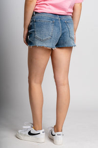 Just USA mid rise micro stretch shorts medium denim Stylish shorts - Womens Fashion Shorts at Lush Fashion Lounge Boutique in Oklahoma City