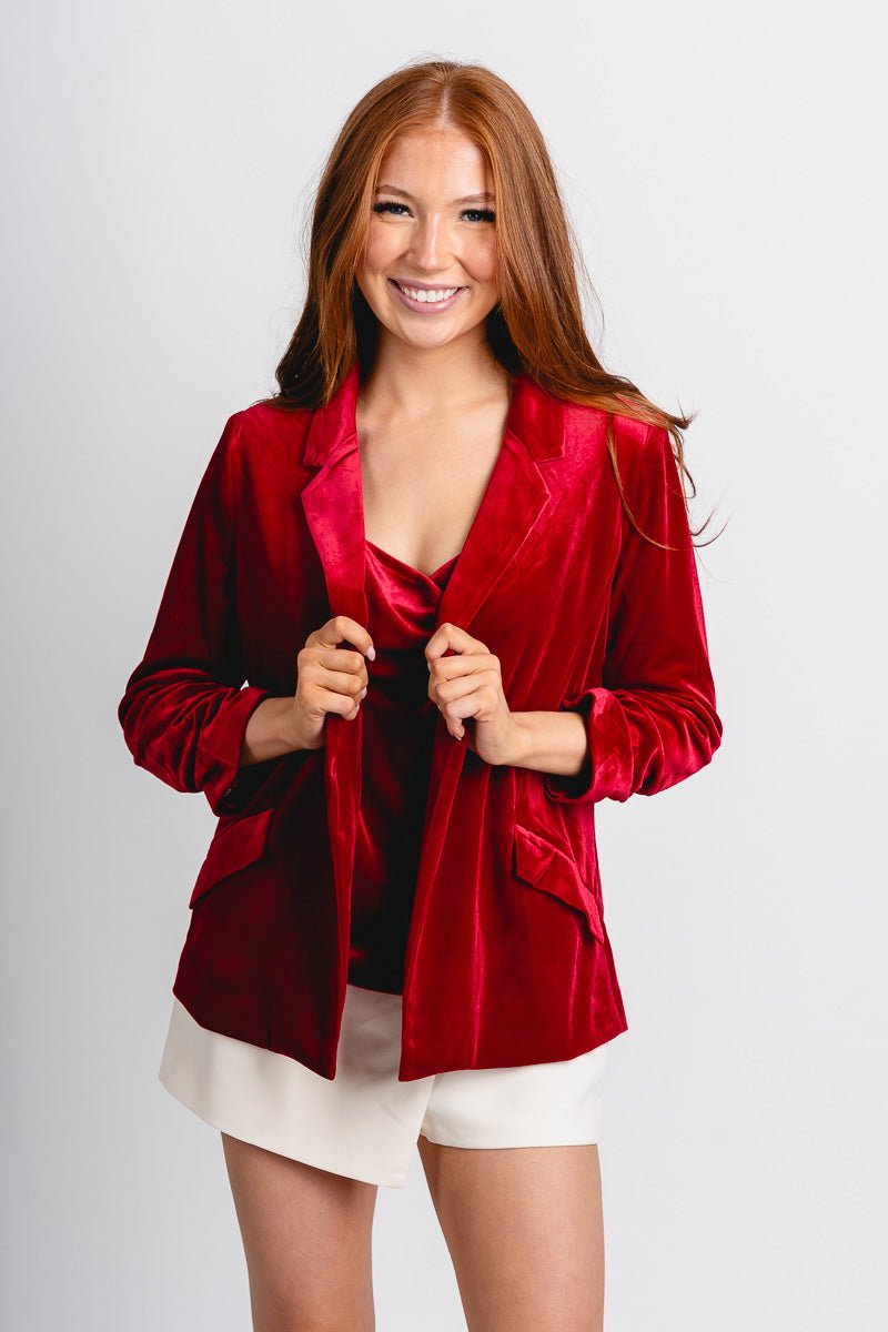Velvet blazer red - Trendy Holiday Apparel at Lush Fashion Lounge Boutique in Oklahoma City