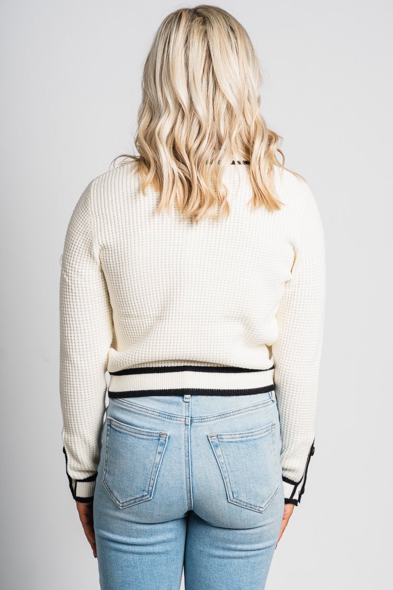 Waffle knit button top white