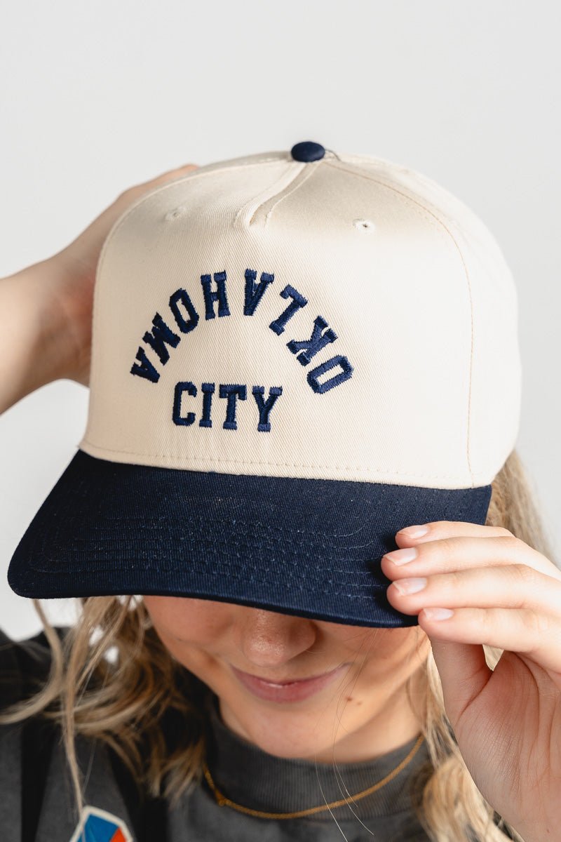 Oklahoma City upside down hat natural/navy - Trendy OKC Apparel at Lush Fashion Lounge Boutique in Oklahoma City