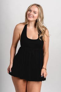 Halter babydoll romper black - Affordable Romper - Boutique Rompers & Pantsuits at Lush Fashion Lounge Boutique in Oklahoma City