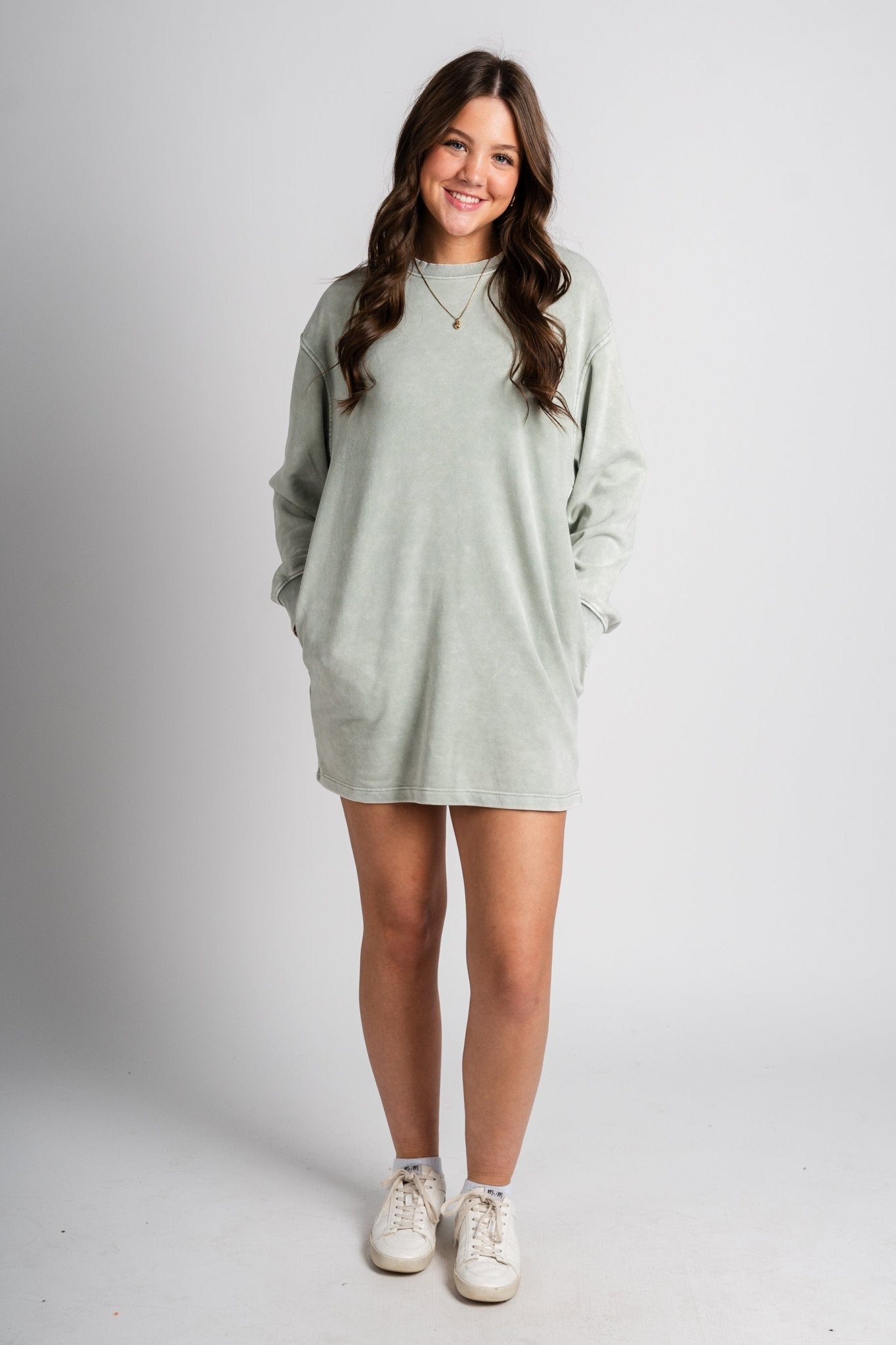 Sweatshirt dress sage green - Stylish dress - Trendy Lounge Sets at Lush Fashion Lounge Boutique in Oklahoma City