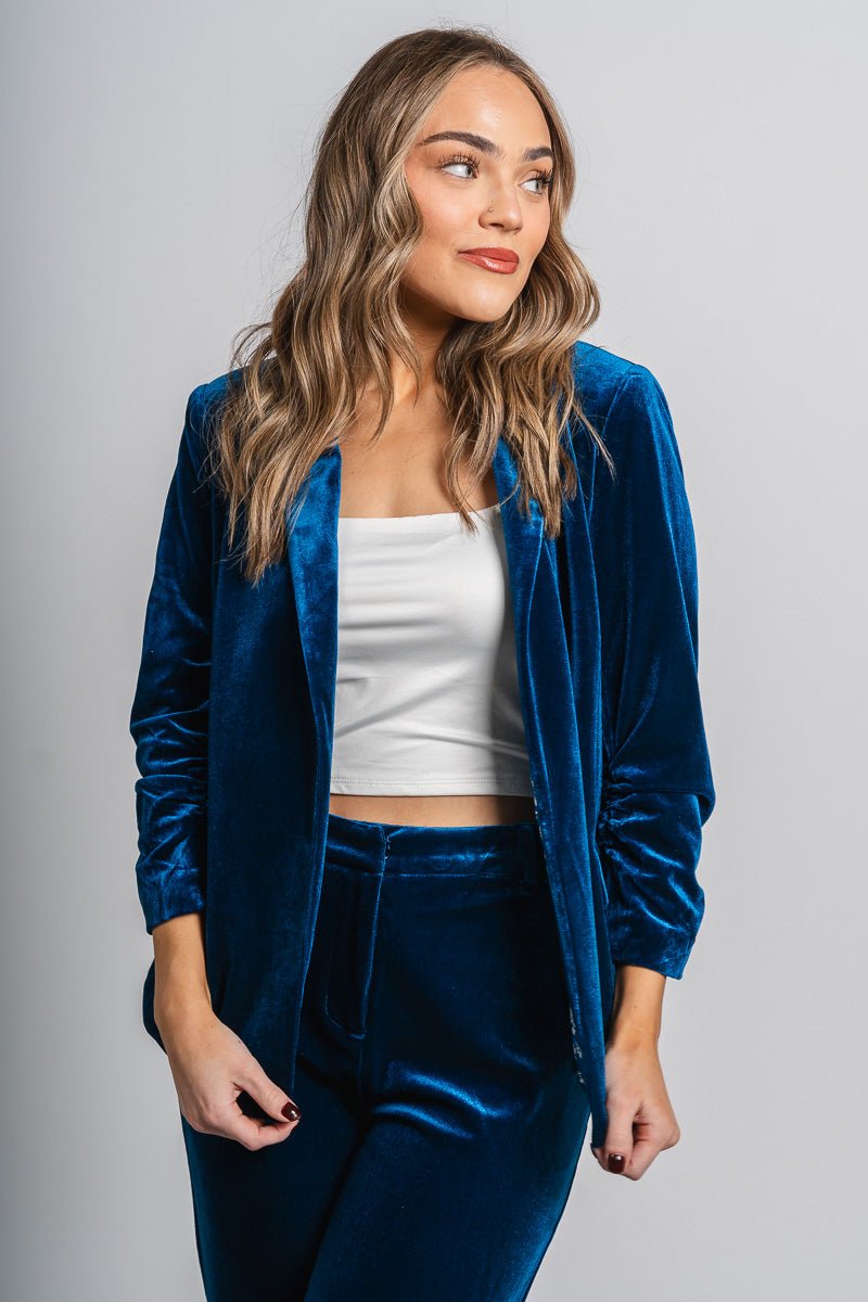 Velvet rhinestone blazer teal – Trendy Jackets | Cute Fashion Blazers at Lush Fashion Lounge Boutique in Oklahoma City