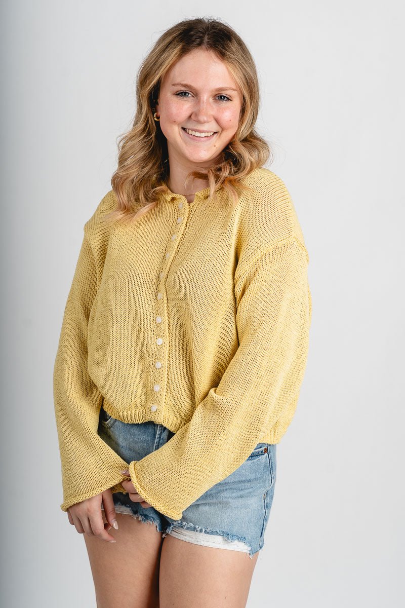 Lightweight sweater cardigan banana - Affordable Cardigan - Boutique Cardigans & Trendy Kimonos at Lush Fashion Lounge Boutique in Oklahoma City