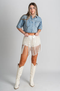 Fringe denim shorts white - Affordable Shorts - Boutique Shorts at Lush Fashion Lounge Boutique in Oklahoma City