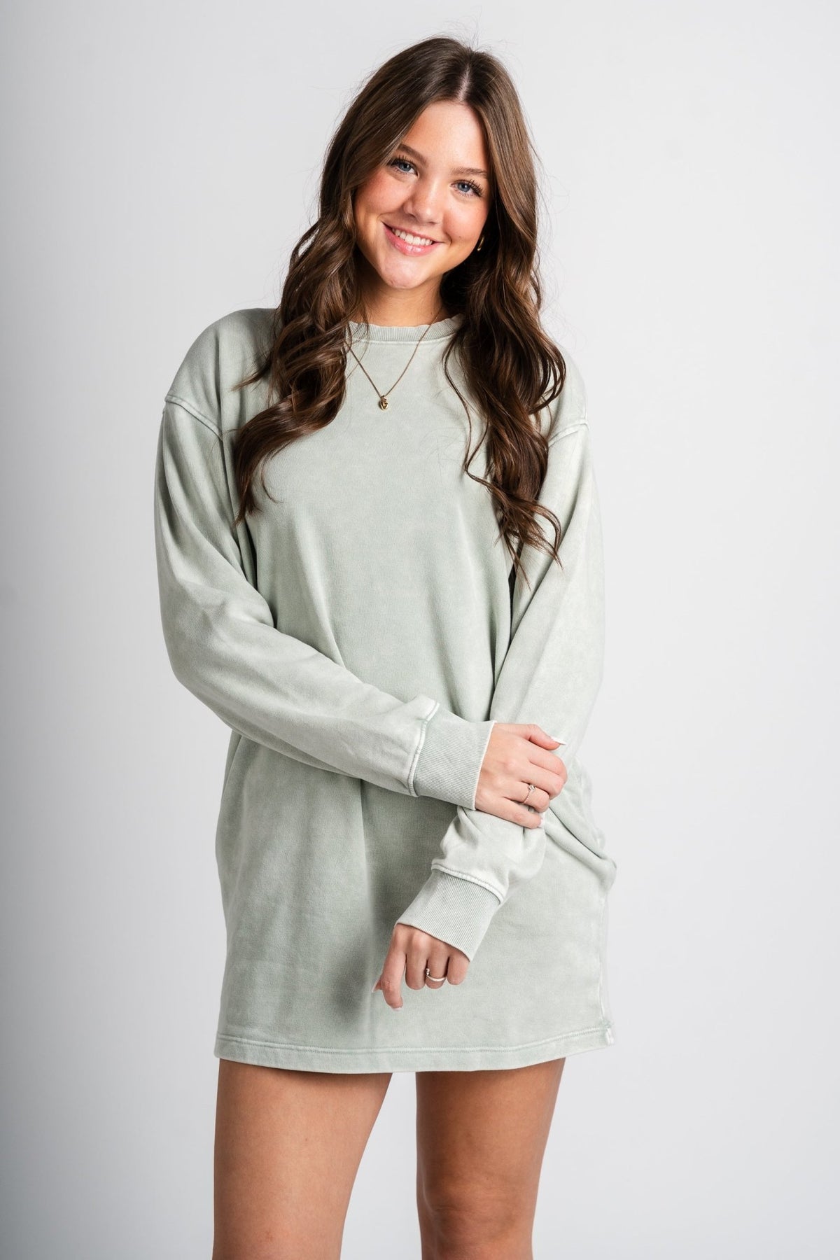 Sweatshirt dress sage green - Trendy dress - Cute Loungewear Collection at Lush Fashion Lounge Boutique in Oklahoma City