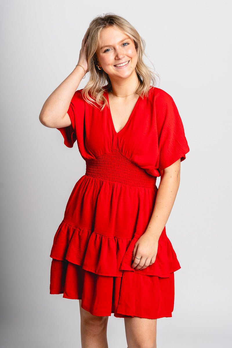Tiered mini dress red - Affordable dress - Boutique Dresses at Lush Fashion Lounge Boutique in Oklahoma City