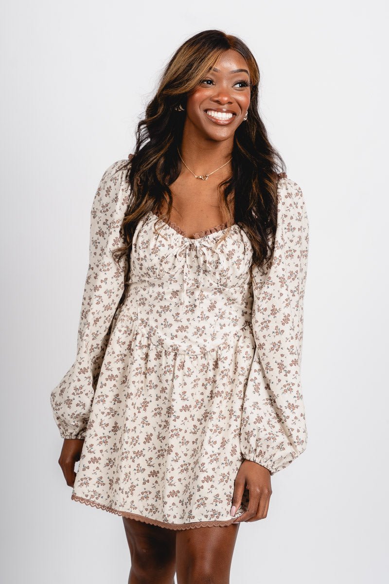 Floral puff sleeve dress cream/brown - Affordable dress - Boutique Dresses at Lush Fashion Lounge Boutique in Oklahoma City