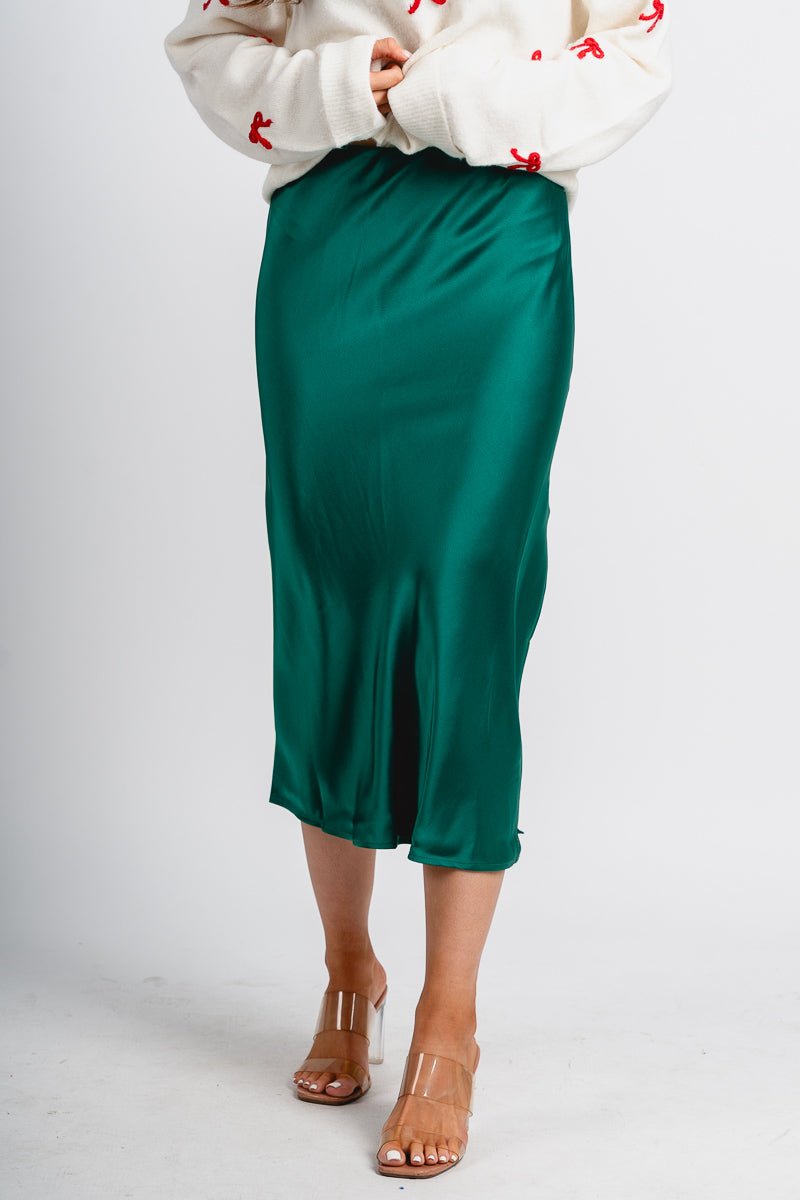 High rise satin midi skirt green | Lush Fashion Lounge: boutique fashion skirts, affordable boutique skirts, cute affordable skirts