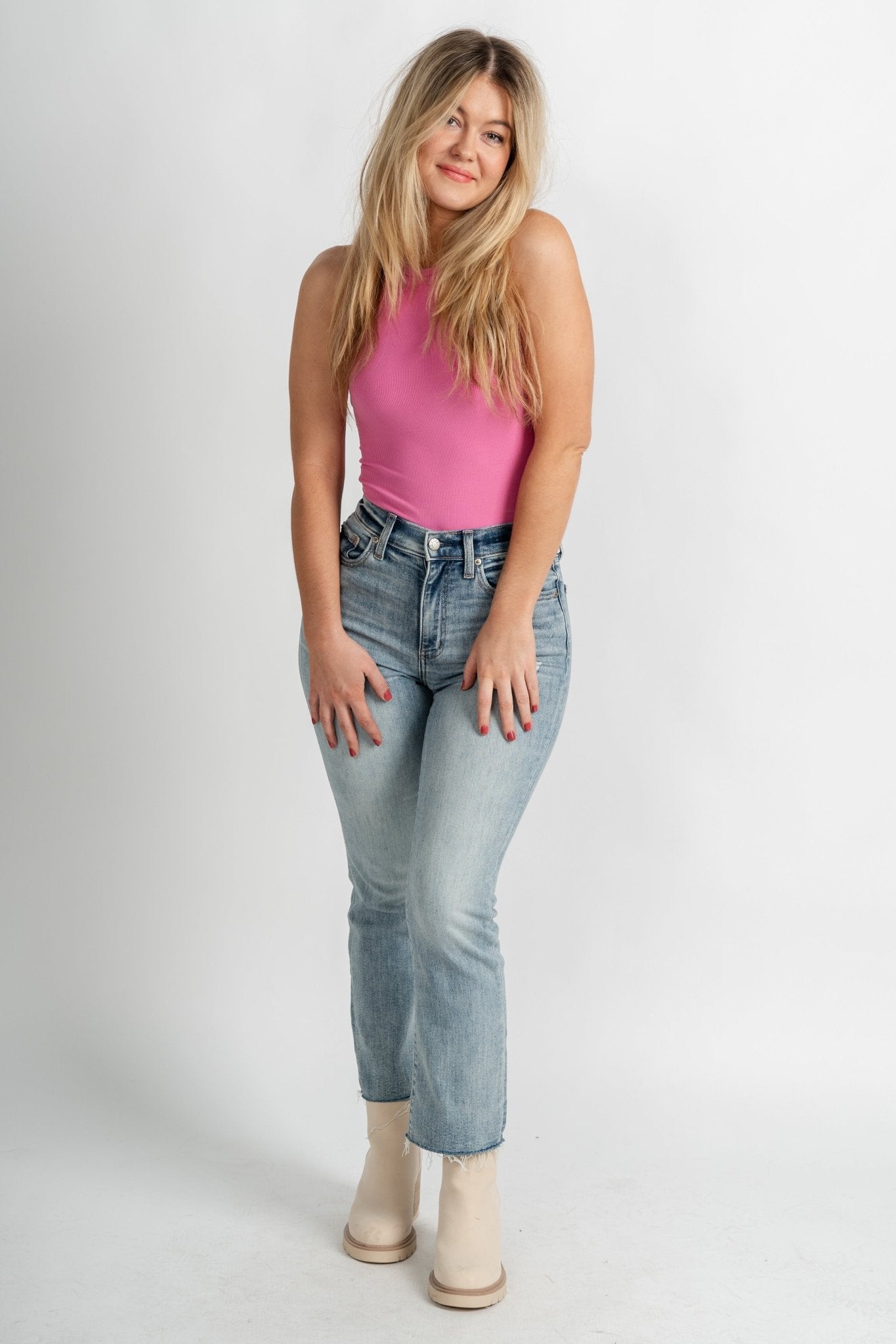 Round neck bodysuit magenta Stylish bodysuit - Womens Fashion Bodysuits at Lush Fashion Lounge Boutique in Oklahoma City