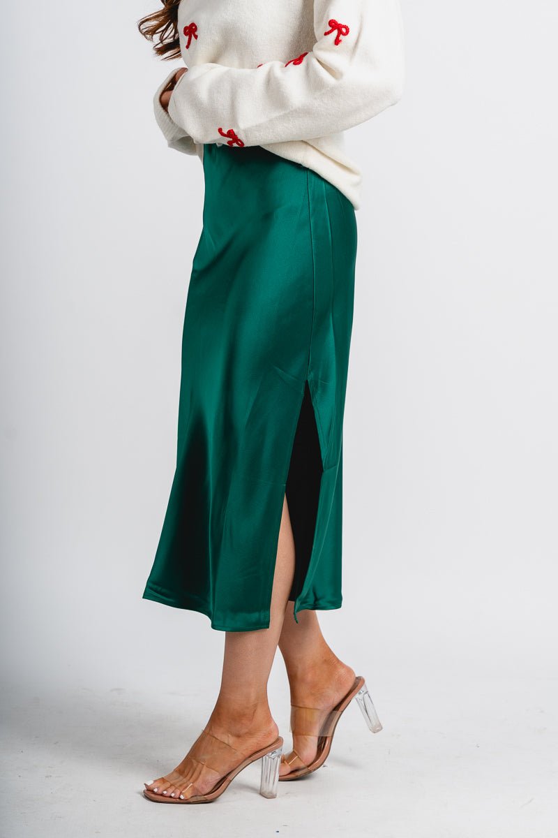 High rise satin midi skirt green | Lush Fashion Lounge: boutique fashion skirts, affordable boutique skirts, cute affordable skirts