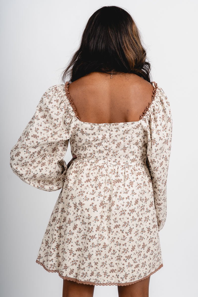 Floral puff sleeve dress cream/brown