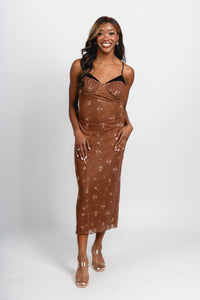 Floral mesh midi dress brown/taupe - Cute dress - Trendy Dresses at Lush Fashion Lounge Boutique in Oklahoma City