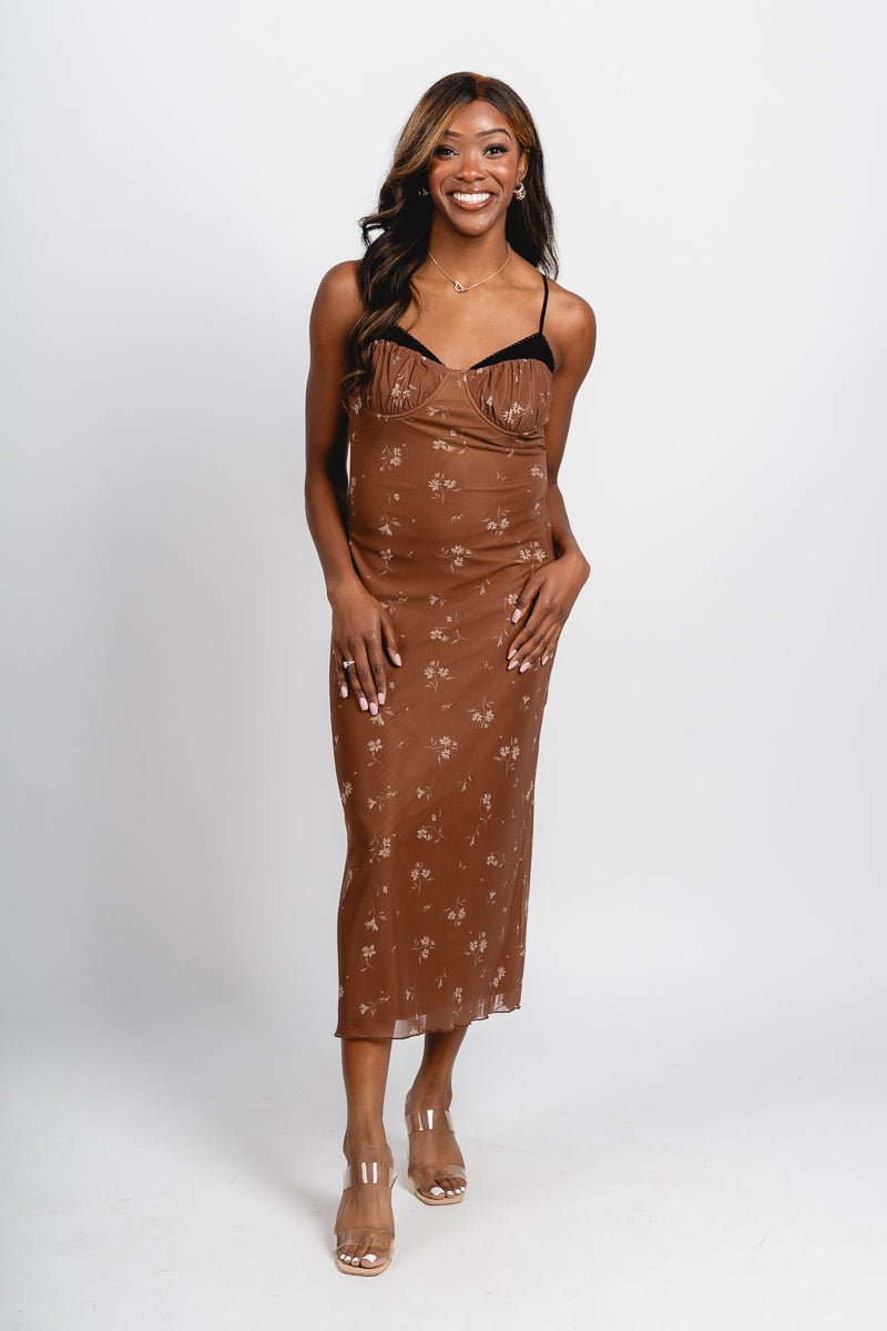 Floral mesh midi dress brown/taupe | Trendy Dresses - Lush Fashion Lounge Floral mesh midi dress brown/taupe | Trendy Dresses - Lush Fashion Lounge