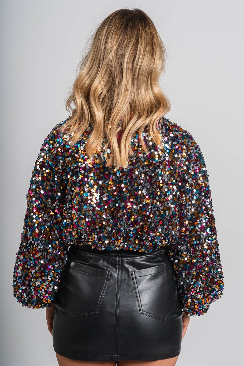 Long sleeve sequin crop top black multi