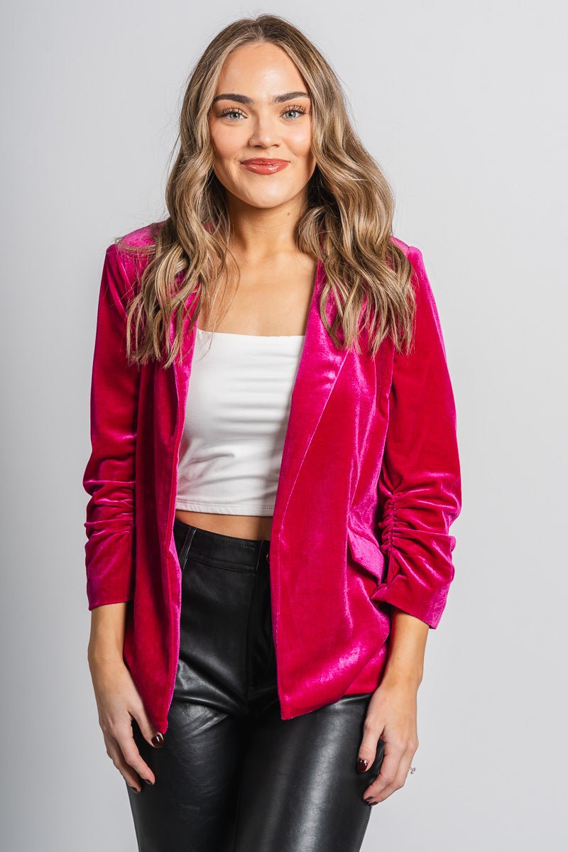 Velvet button blazer magenta – Affordable Blazers | Cute Black Jackets at Lush Fashion Lounge Boutique in Oklahoma City