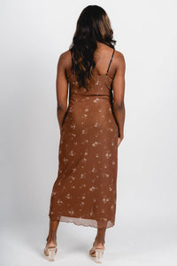 Floral mesh midi dress brown/taupe - Affordable dress - Boutique Dresses at Lush Fashion Lounge Boutique in Oklahoma City