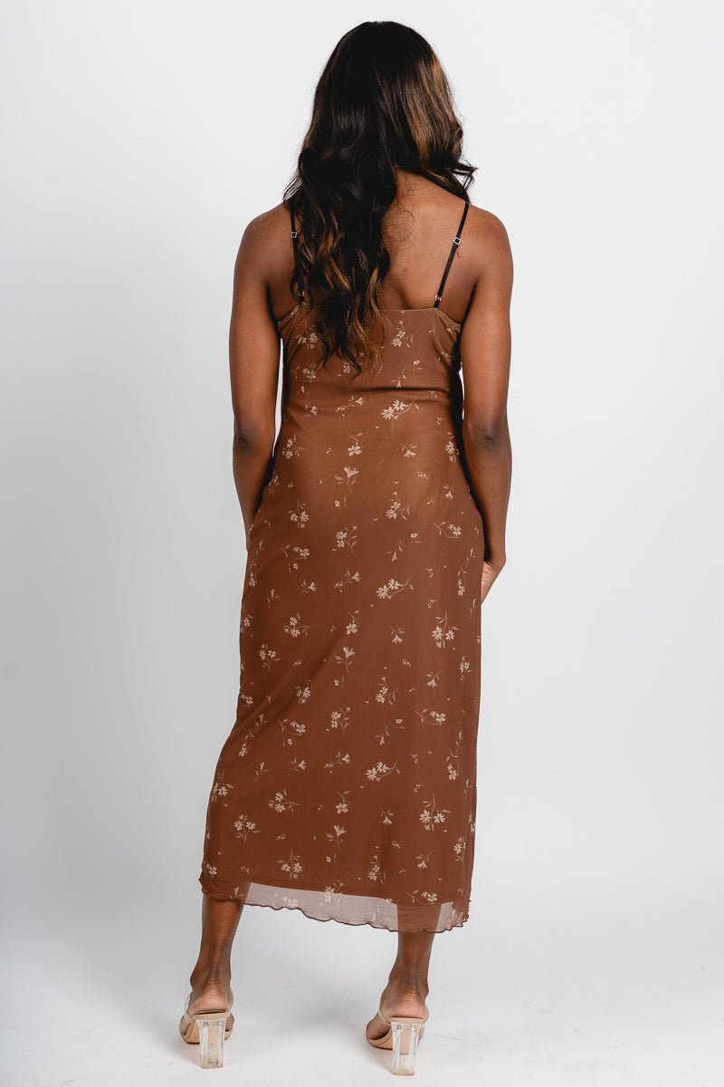 Floral mesh midi dress brown/taupe - Affordable dress - Boutique Dresses at Lush Fashion Lounge Boutique in Oklahoma City