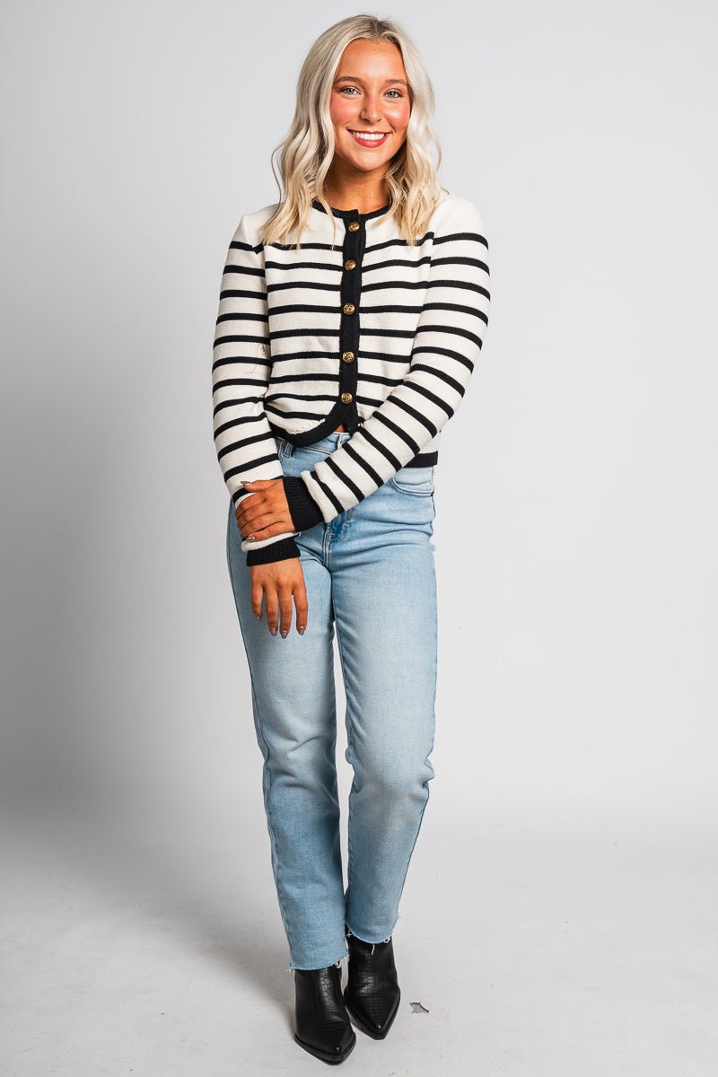 Striped button sweater cardigan ivory – Unique Sweaters | Lounging Sweaters and Womens Fashion Sweaters at Lush Fashion Lounge Boutique in Oklahoma City