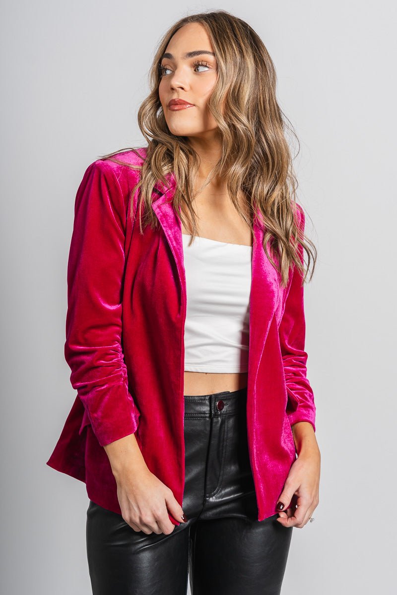 Velvet button blazer magenta – Trendy Jackets | Cute Fashion Blazers at Lush Fashion Lounge Boutique in Oklahoma City