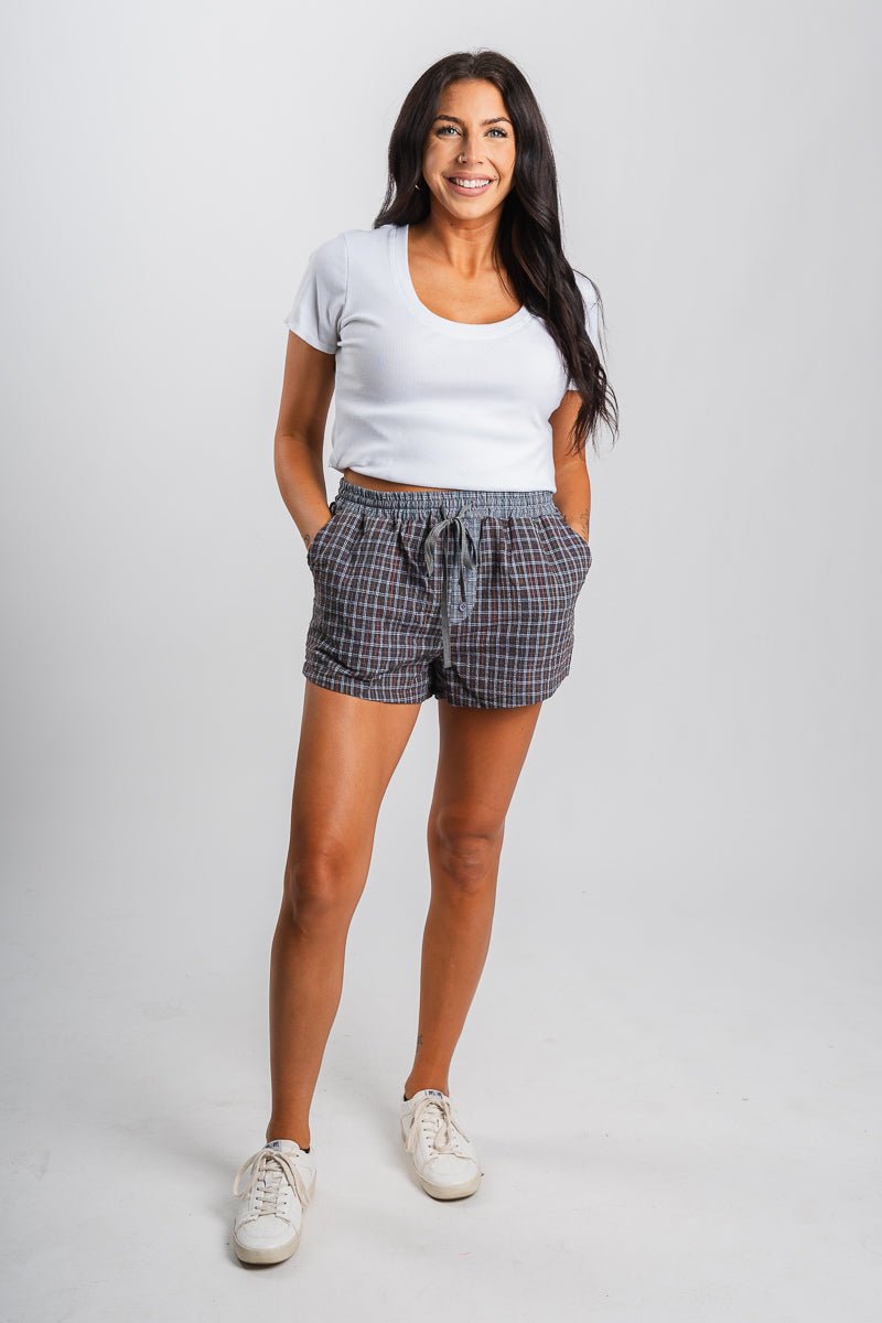 Tie waist boxer shorts brown/grey Stylish Shorts - Womens Fashion Shorts at Lush Fashion Lounge Boutique in Oklahoma City