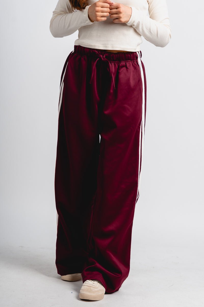 Drawstring track pants maroon - Trendy Holiday Apparel at Lush Fashion Lounge Boutique in Oklahoma City