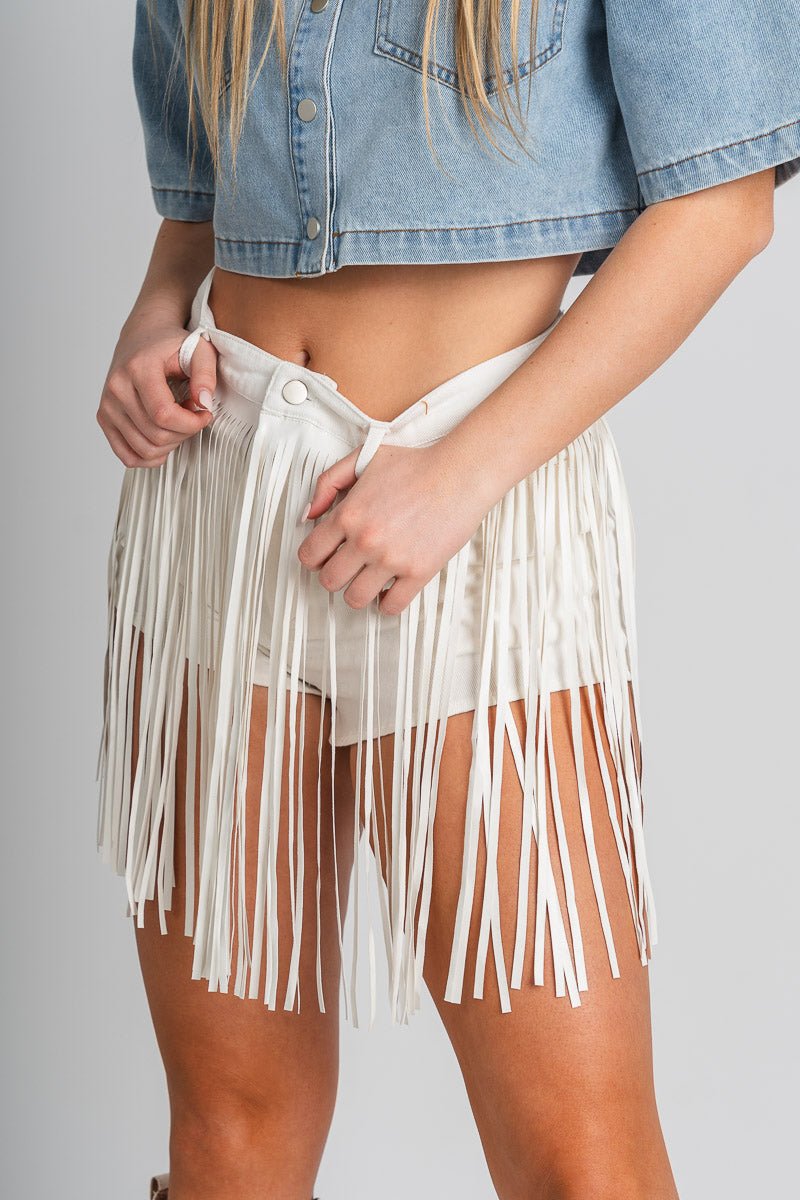 Fringe denim shorts white - Cute Shorts - Trendy Shorts at Lush Fashion Lounge Boutique in Oklahoma City