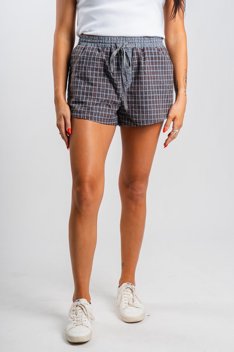 Tie waist boxer shorts brown/grey - Trendy Shorts - Fashion Shorts at Lush Fashion Lounge Boutique in Oklahoma City