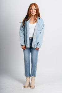 Oversized denim shacket light denim – Fashionable Jackets | Trendy Blazers at Lush Fashion Lounge Boutique in Oklahoma City