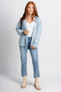 Oversized denim shacket light denim – Unique Blazers | Cute Blazers For Women at Lush Fashion Lounge Boutique in Oklahoma City
