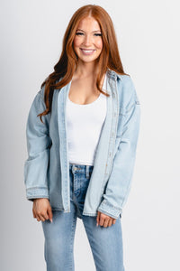 Oversized denim shacket light denim – Affordable Blazers | Cute Black Jackets at Lush Fashion Lounge Boutique in Oklahoma City