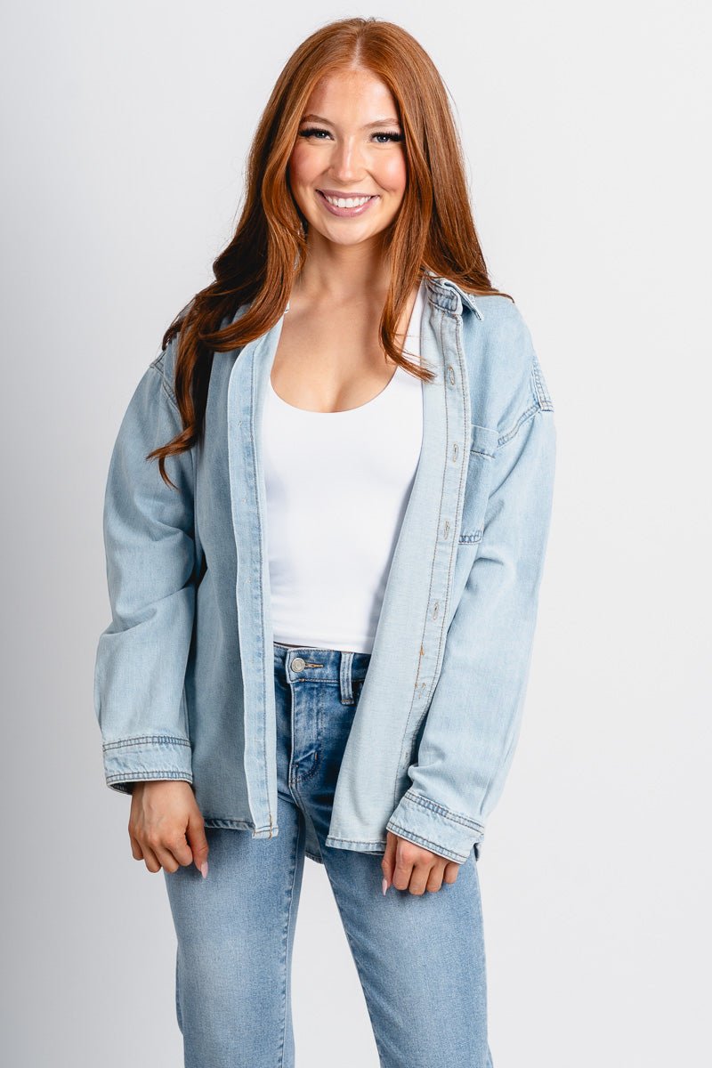Oversized denim shacket light denim – Affordable Blazers | Cute Black Jackets at Lush Fashion Lounge Boutique in Oklahoma City