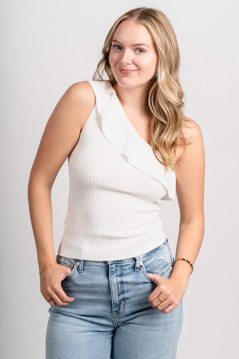 Ruffle one shoulder top ivory
