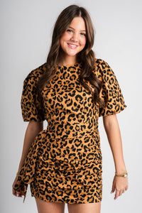 Ruched leopard dress brown - Affordable dress - Boutique Dresses at Lush Fashion Lounge Boutique in Oklahoma City