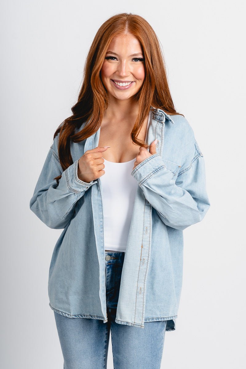 Oversized denim shacket light denim – Trendy Jackets | Cute Fashion Blazers at Lush Fashion Lounge Boutique in Oklahoma City