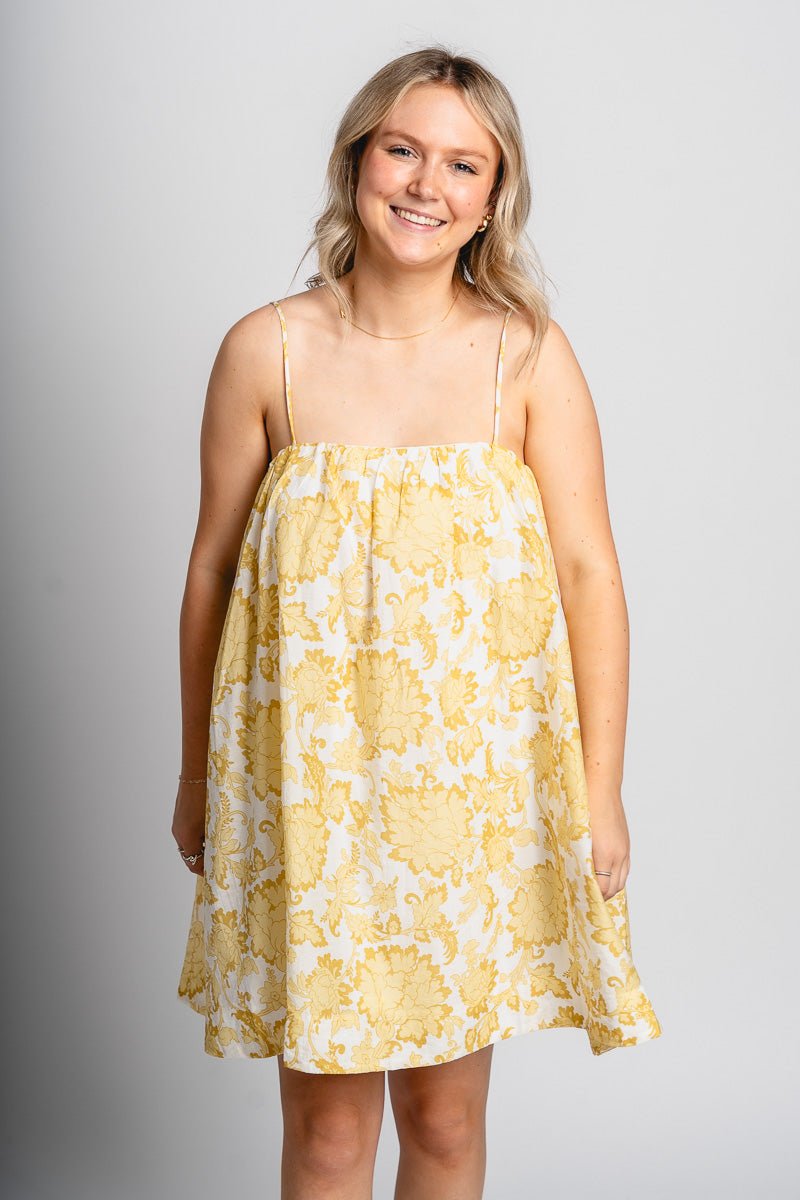 Floral babydoll dress ivory/yellow - Affordable dress - Boutique Dresses at Lush Fashion Lounge Boutique in Oklahoma City
