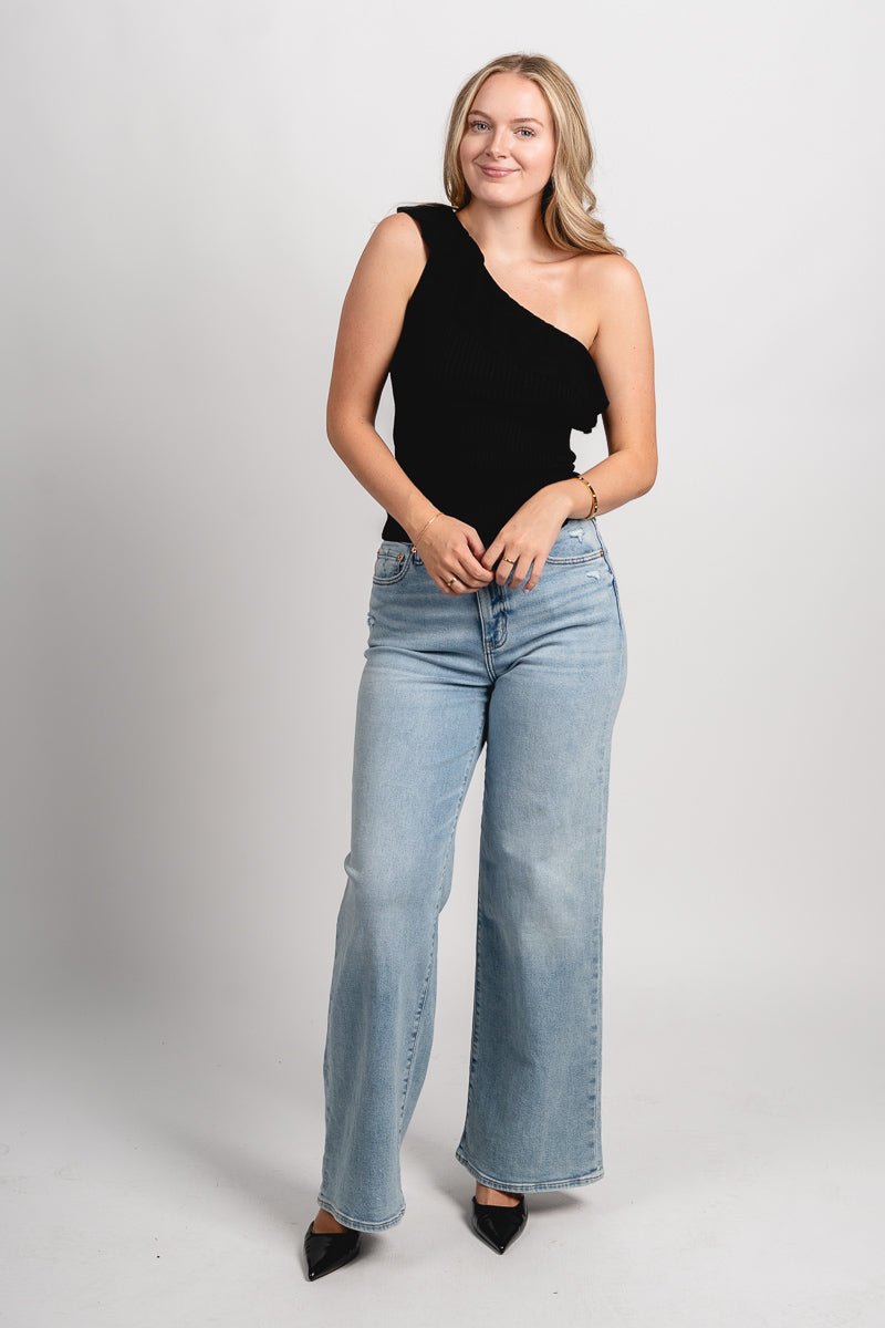 Ruffle one shoulder top black