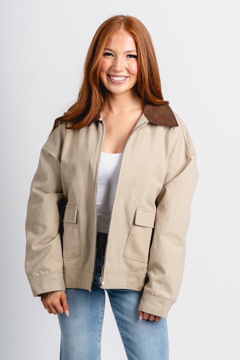 Kathleen barn jacket khaki – Trendy Jackets | Cute Fashion Blazers at Lush Fashion Lounge Boutique in Oklahoma City