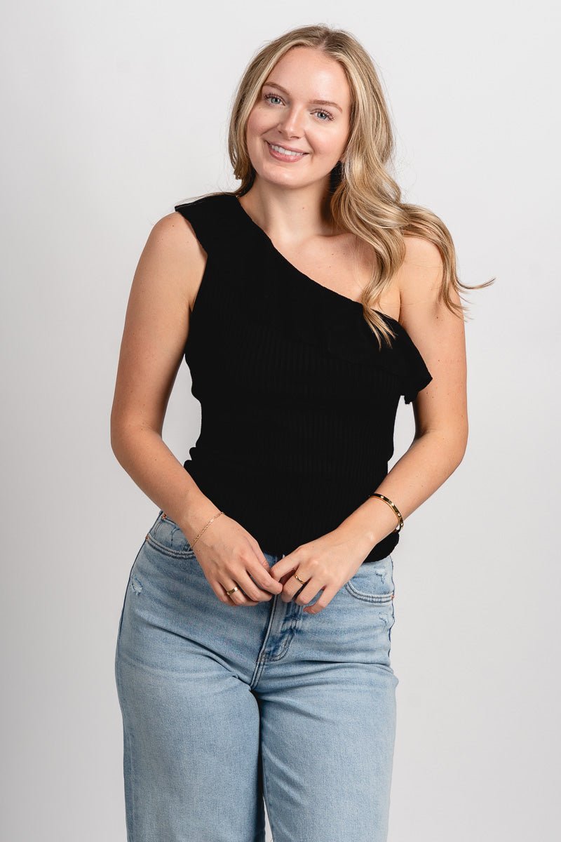 Ruffle one shoulder top black