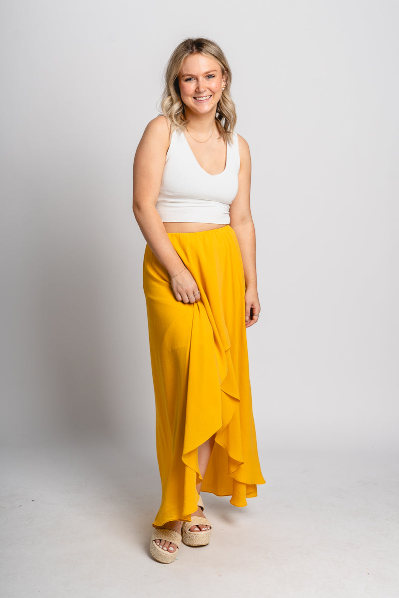 High low maxi skirt mustard | Lush Fashion Lounge: boutique fashion skirts, affordable boutique skirts, cute affordable skirts