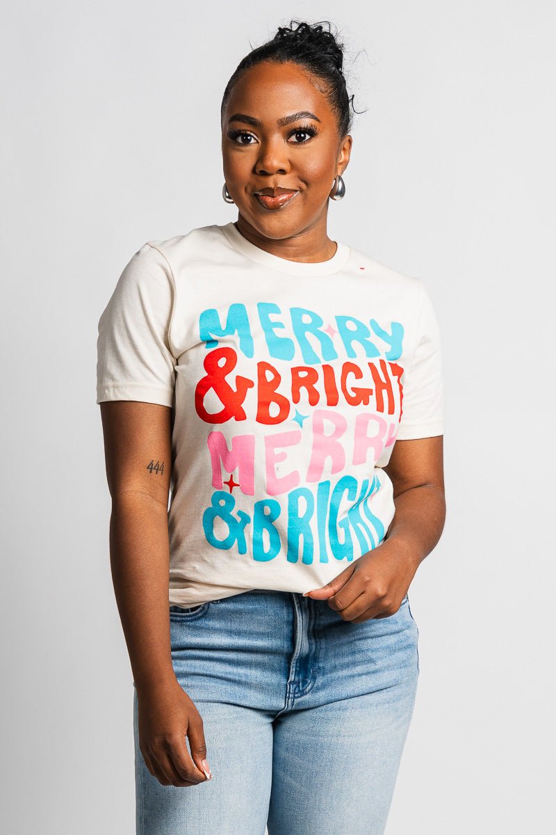 Merry & Bright repeater t-shirt cream - Trendy Holiday Apparel at Lush Fashion Lounge Boutique in Oklahoma City