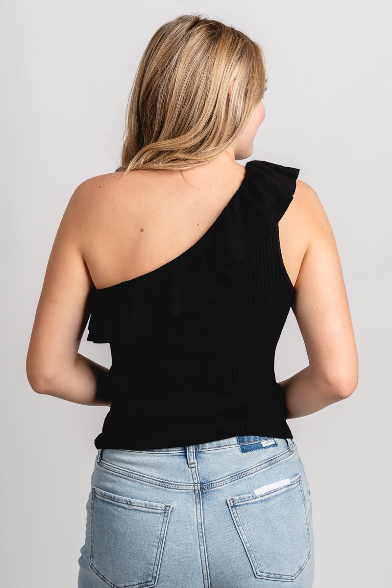 Ruffle one shoulder top black
