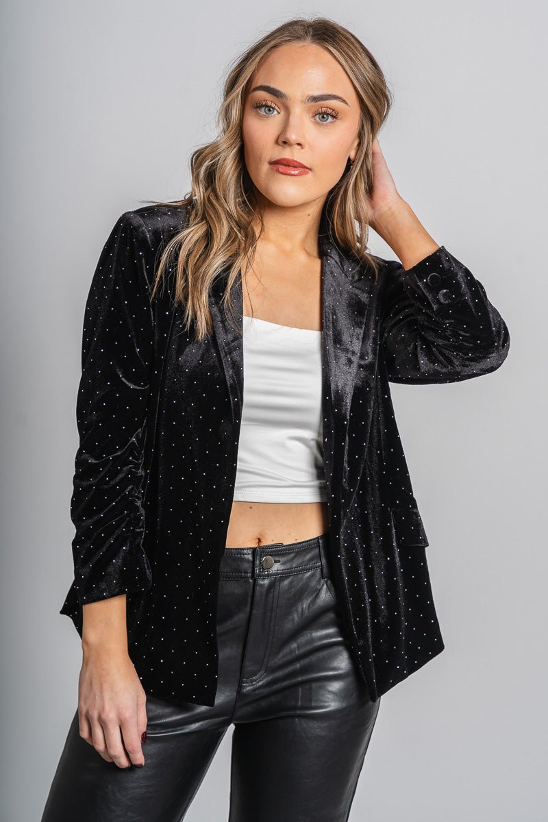 Velvet rhinestone blazer black – Trendy Jackets | Cute Fashion Blazers at Lush Fashion Lounge Boutique in Oklahoma City