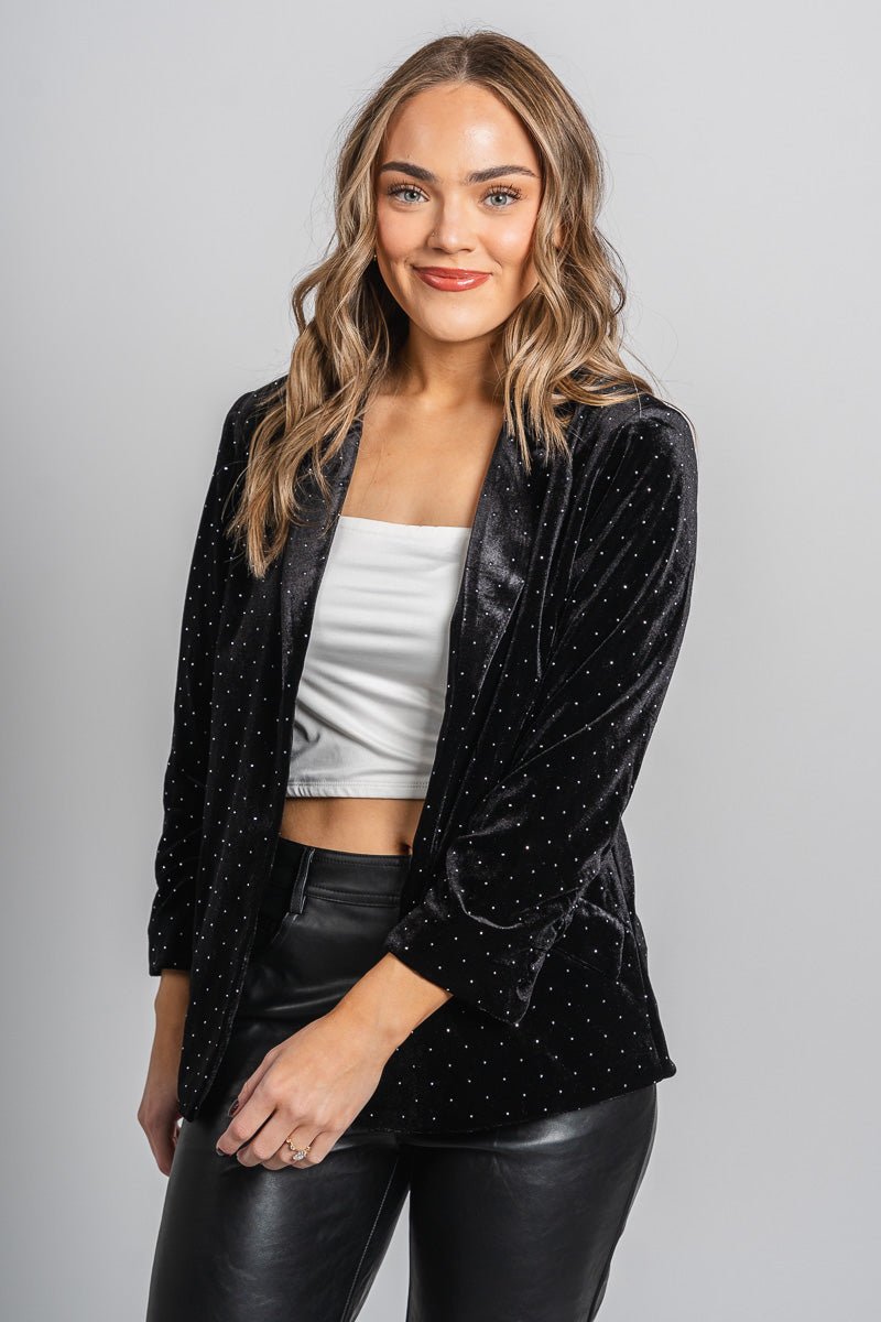 Velvet rhinestone blazer black – Affordable Blazers | Cute Black Jackets at Lush Fashion Lounge Boutique in Oklahoma City