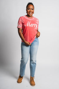 Merry script acid wash t-shirt red - Exclusive Collection of Holiday Inspired T-Shirts and Hoodies at Lush Fashion Lounge Boutique in Oklahoma City