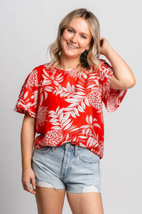 Tropical short sleeve top red - Trendy top - Cute Vacation Collection at Lush Fashion Lounge Boutique in Oklahoma City
