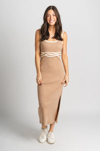 Square neck midi dress tan - Trendy dress - Fashion Dresses at Lush Fashion Lounge Boutique in Oklahoma City