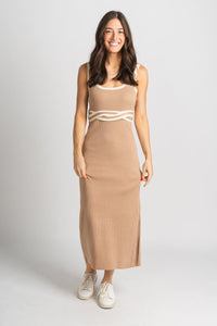 Square neck midi dress tan - Cute dress - Trendy Dresses at Lush Fashion Lounge Boutique in Oklahoma City